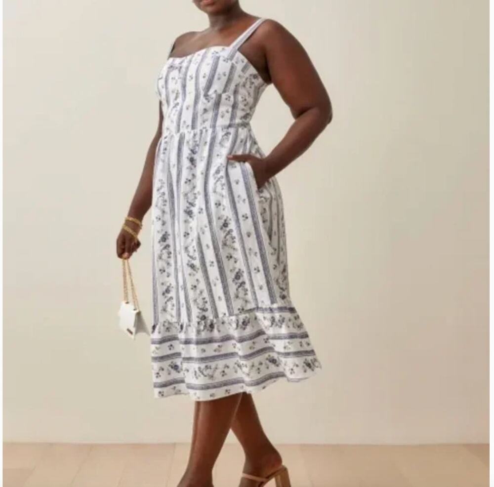 Reformation Maegan Linen Floral Midi Sundress Smocked Blue White Plus Size 18